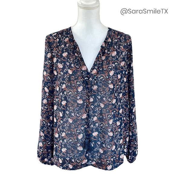 WAYF Navy Floral Print Tassel Tie Long Sleeve Peasant Top - Picture 10 of 11